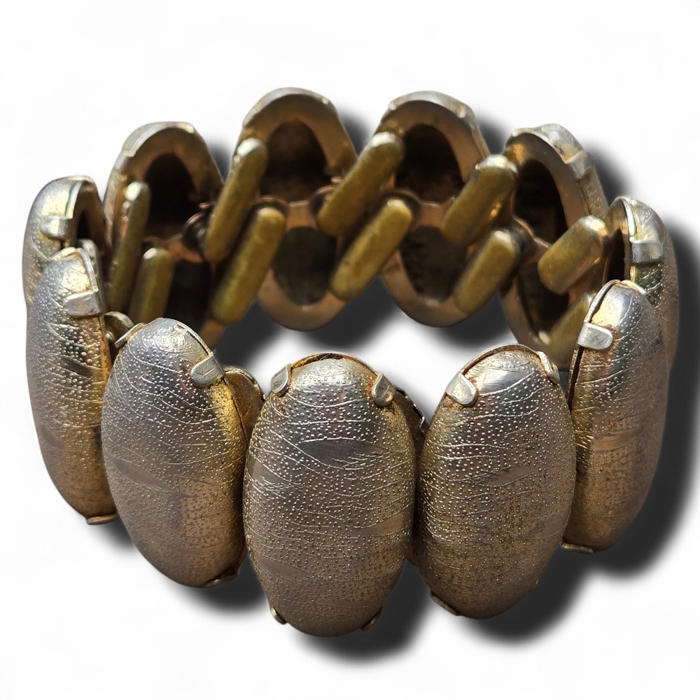 Leru Vintage 1950s Gold Textured Stretch Bracelet Brass Signed